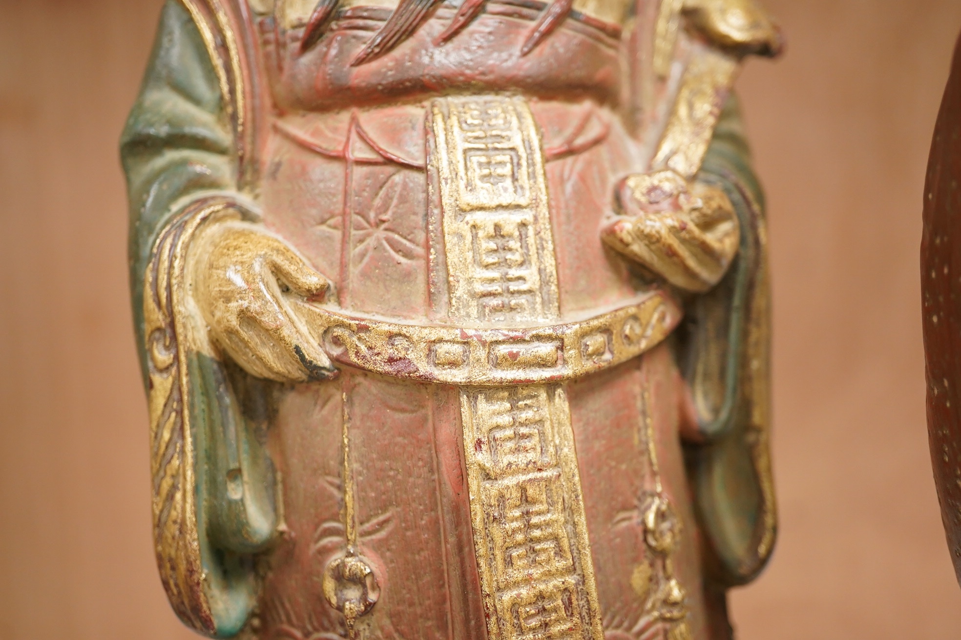 A set of three Chinese polychrome composition figures of the Sanxing (three star gods), tallest 29cm high. Condition - good